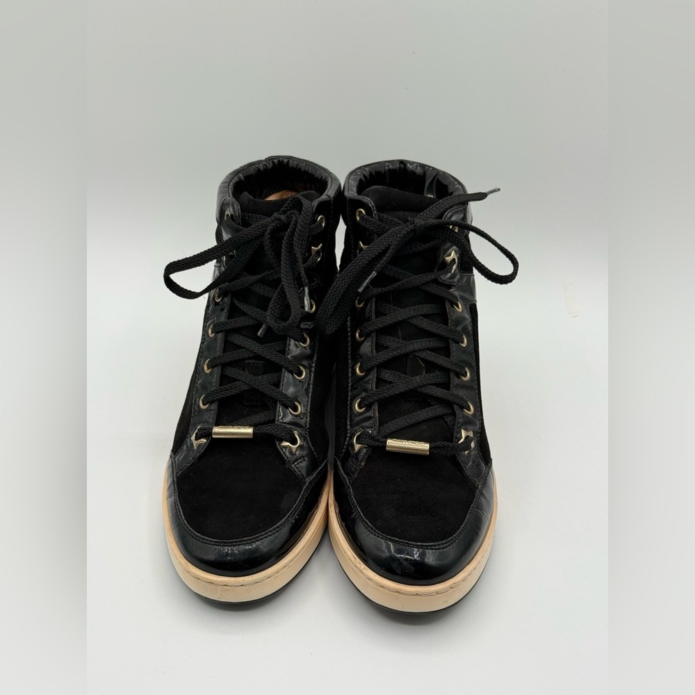 Jimmy Choo Black Suede & Patent Leather High-Top Sneakers Gold Eyelets Size 35.5 - Picture 6 of 16